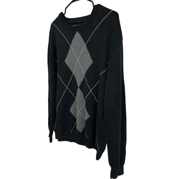 Perry Ellis Black Gray Argyle Sweater Cotton Crewneck Pullover Classic Fit Sz L - Picture 3 of 9